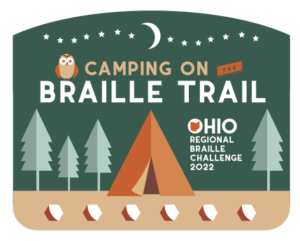 logo image of a drawn campsite with the words "Camping on the Braille Trail" across the middle with an owl and the moon 