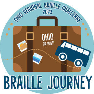 braille challenge logo with a suitcase and a small bus traveling along it with text that says "Braille Journey"