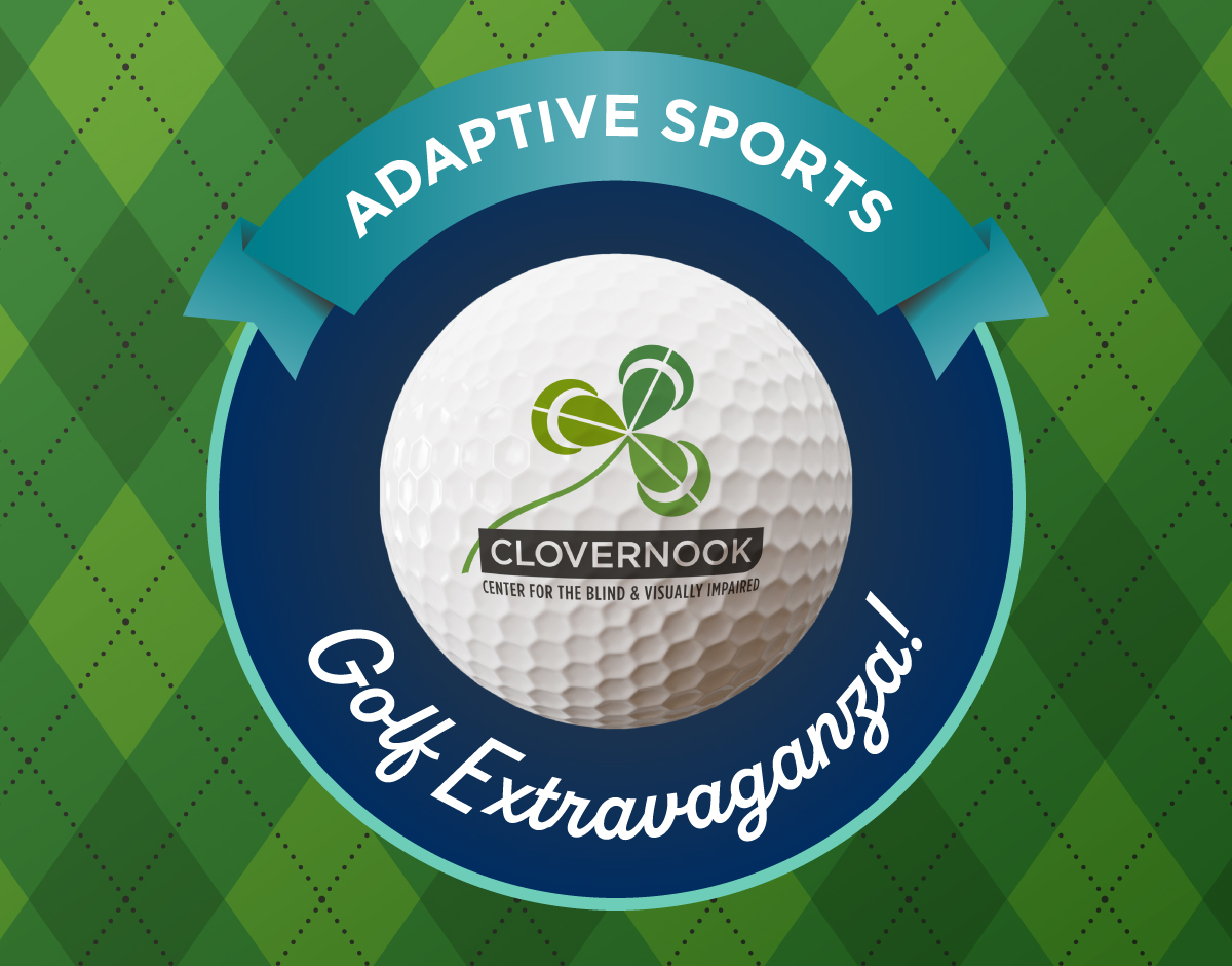 A golf ball featuring the Clovernook Center logo – a shamrock – promotes the Adaptive Sports Golf Extravaganza.