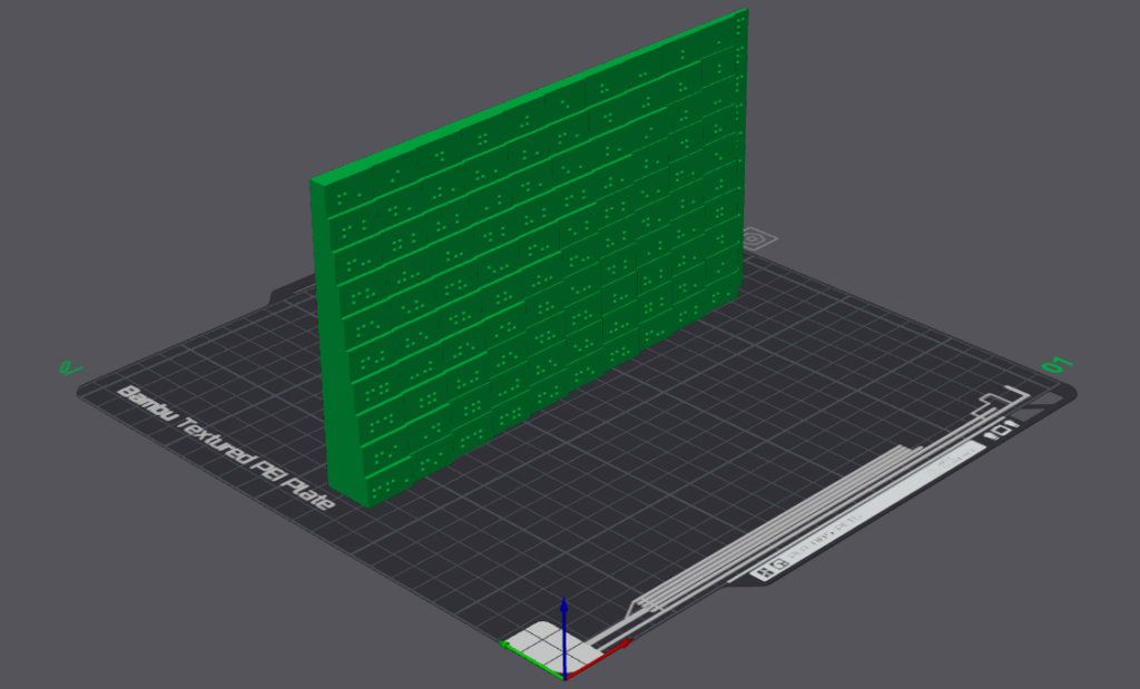 This is a stepped 10x10 multiplication table in braille with the numeral indicator to the left to denote that these are numbers this is oriented upside down.