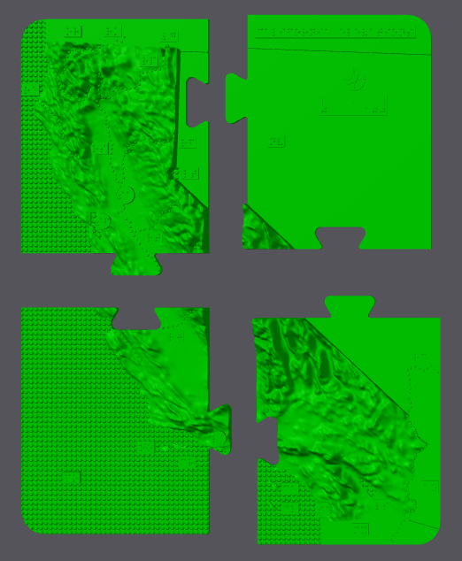 This is an image of four pieces of a topographical map of California.